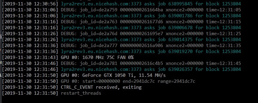снимок экрана с выводом консоли программного обеспечения майнинга Nicehash