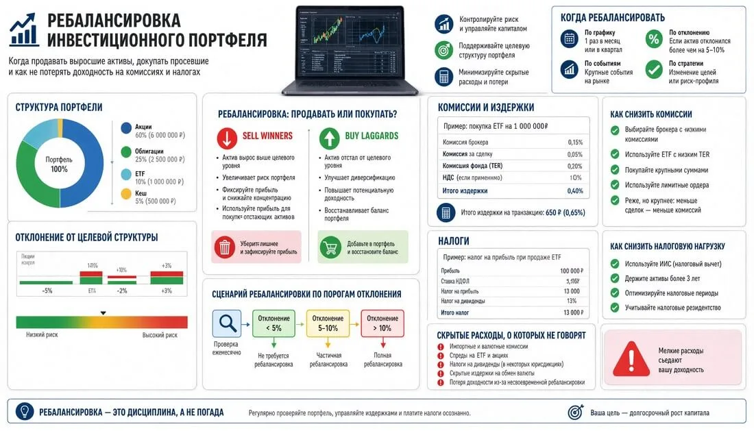 Ребалансировка инвестиционного портфеля: когда продавать выросшие активы, докупать просевшие и как не потерять доходность на комиссиях и налогах